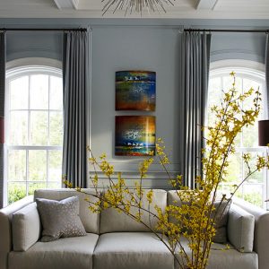 photo of forsythia flowers on living room table
