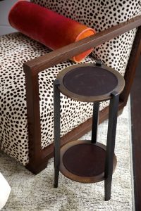 detail photo of spotted animal print upholstered contemporary chair
