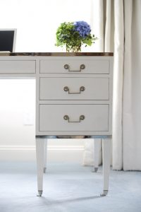 detail photo of white desk with contemporary handles