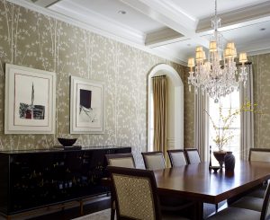 photo of elegant dining room with natural floral wallpaper